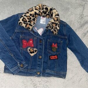 Navy denim Minnie Mouse jacket with leopard fur collar and leopard print patches